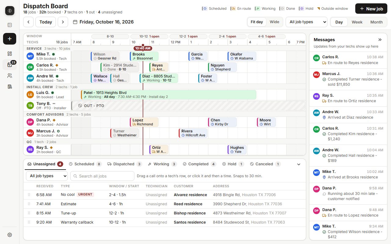 The Blue Field Pilot dispatch board: each tech is a row, the day's calls are blocks on the timeline, unassigned calls are listed underneath